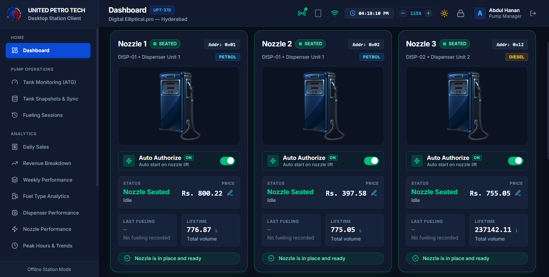 Nozzle / Dispenser monitoring screen