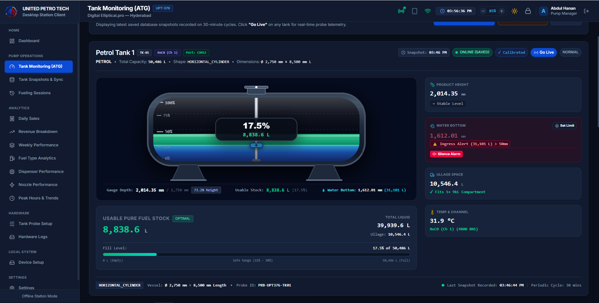 Desktop Tank Monitoring screen